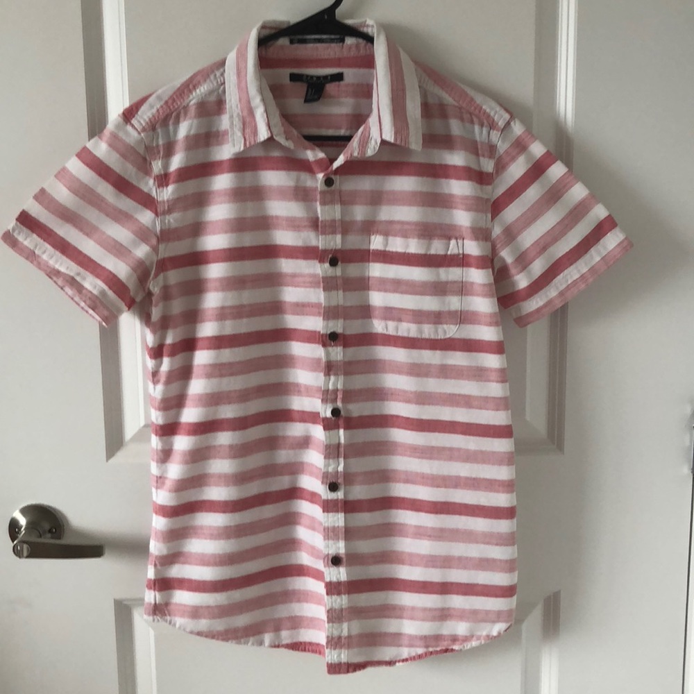 White & Red Striped Short Sleeve Button Down